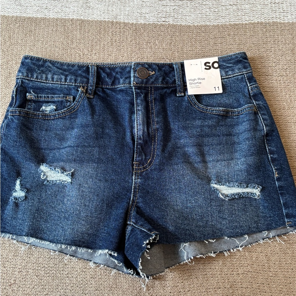SO Women's High Rise Distressed Denim Shorts - Dark Blue